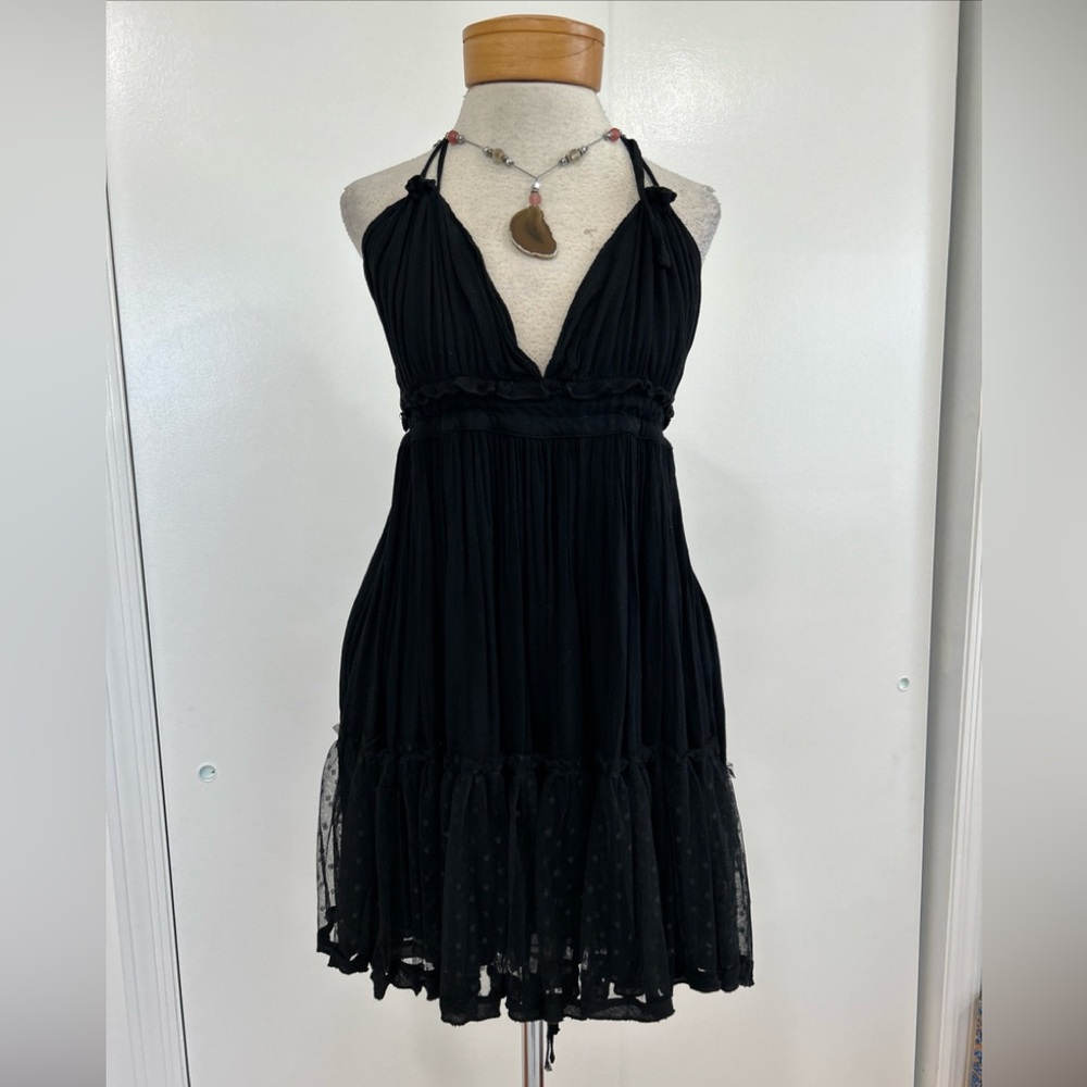 Sexy Boho R Vivimos Black Deep V Neck Halter with Ruffle Sheer Layer  Dress